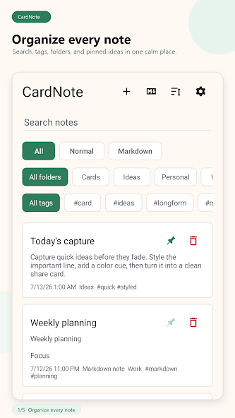CardNote home screen showing organized notes, folders, and tags
