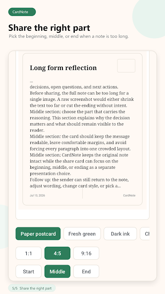 Select the beginning, middle, or end of a long note for sharing